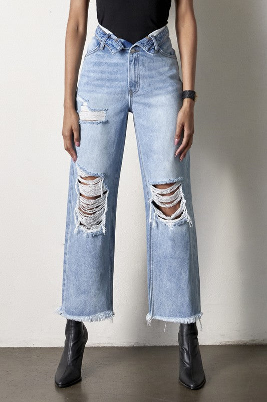 Frayed Flipped Waist Straight Jeans
