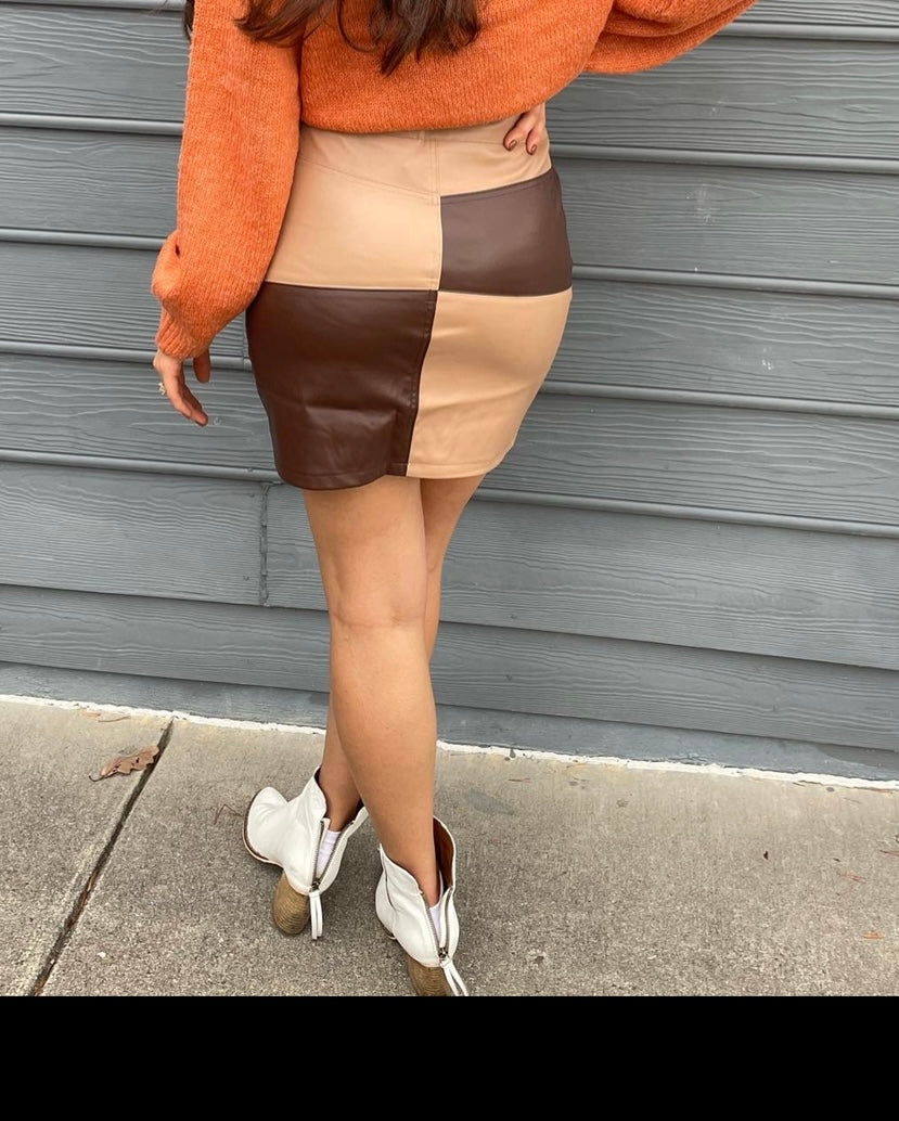 Color Block Leather Mini Skirt